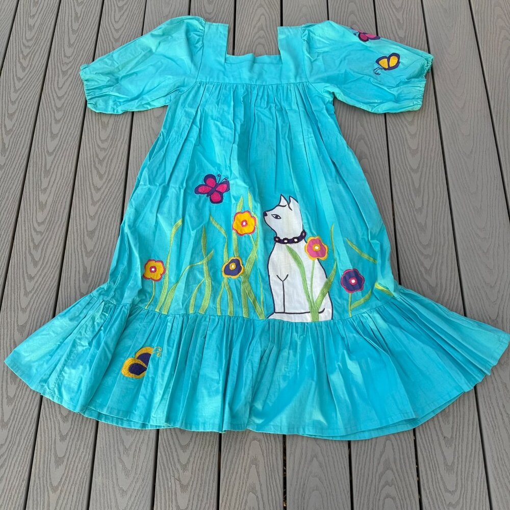 Vintage 70s Ramona Rull Dress, Cat Graphic Flowers MuMu One Size Blue